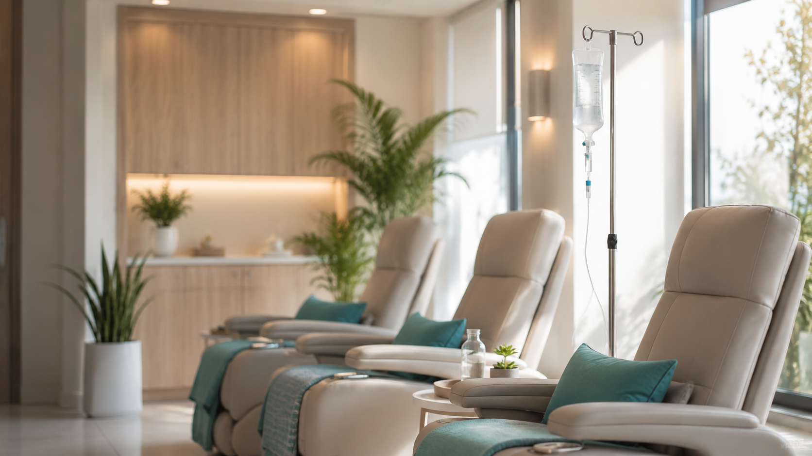 Calm IV nutrient therapy lounge with comfortable recliners and natural light
