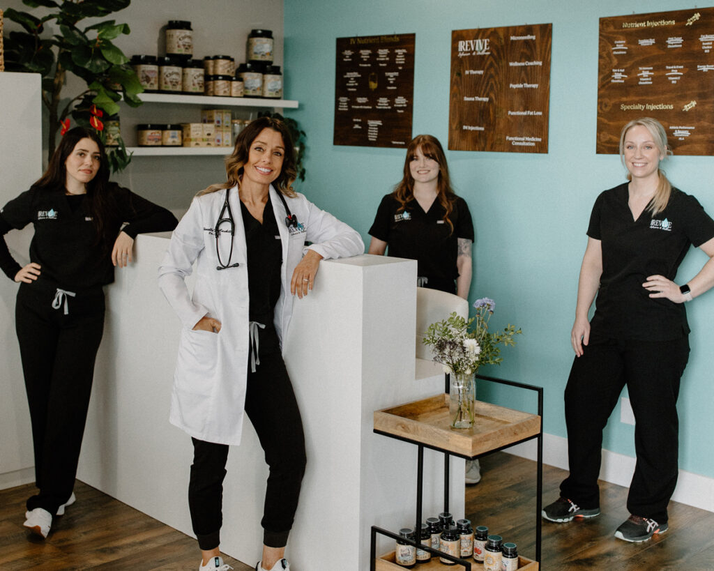 Group photo of the Revive Infusions & Wellness medical and wellness team in Roseburg, Oregon, supporting patients with IV therapy, hormone optimization, weight loss, and overall wellness programs.