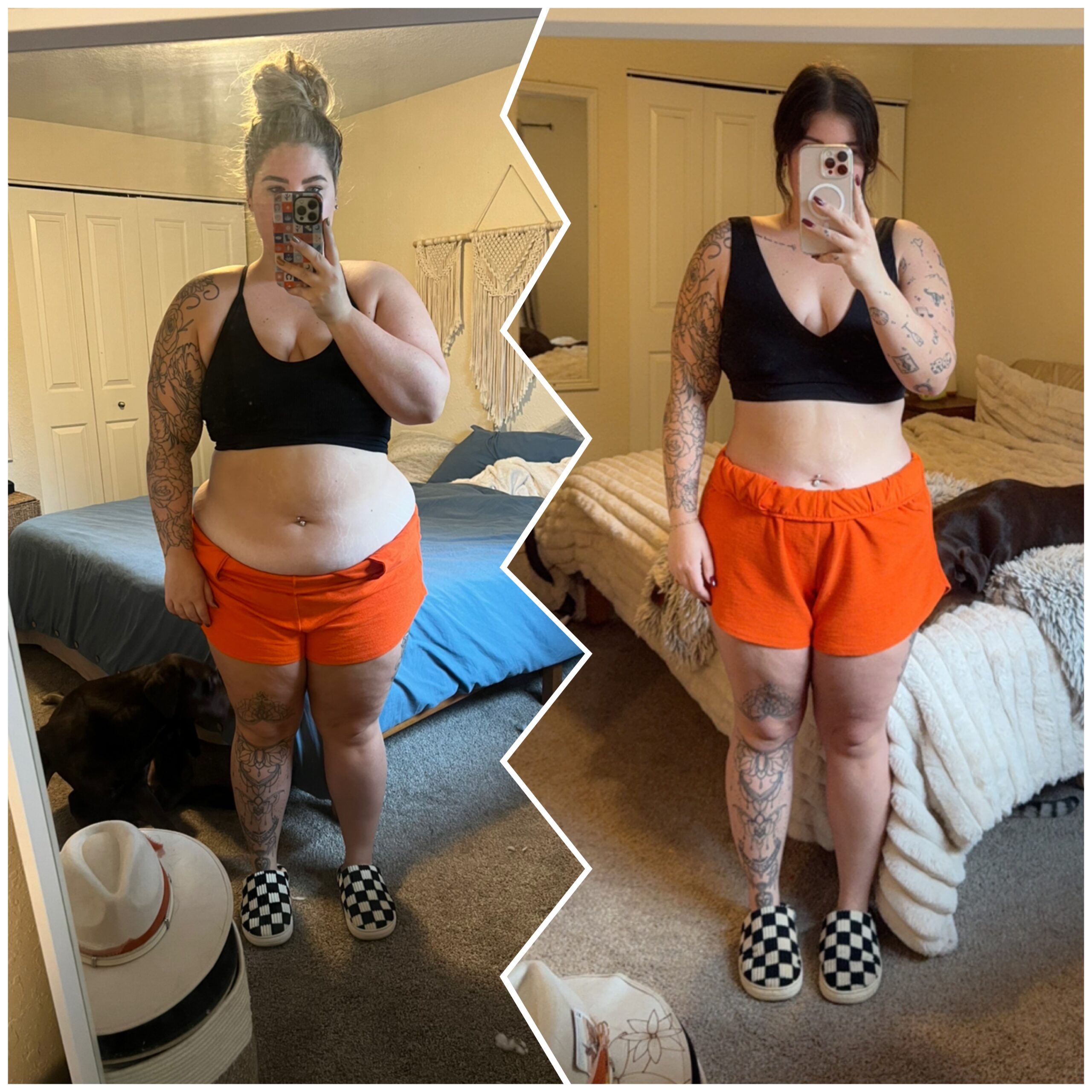 Before-and-after photo of a patient showing weight loss results from a 6-month membership plan at Revive Infusions & Wellness, a luxury medical spa in Roseburg, Oregon offering medically guided wellness programs.