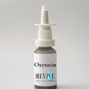 Oxytocin nasal spray bottle used for mood support, stress management, and hormonal balance in a functional medicine and medical spa setting.